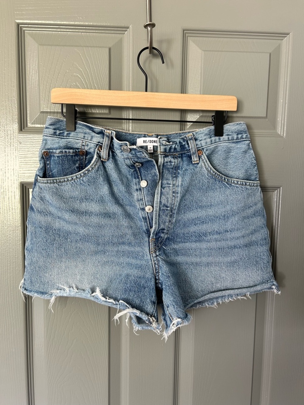 Re/Done Vintage-Inspired Light Blue 70s High-Rise Cutoff Jean Shorts